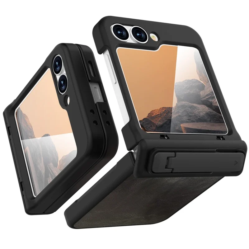 GW181 For Samsung Galaxy Z Flip7 FE 5G / Z Flip6 5G Case Crazy Horse Texture PU+PC Phone Cover with Kickstand - Dark Grey