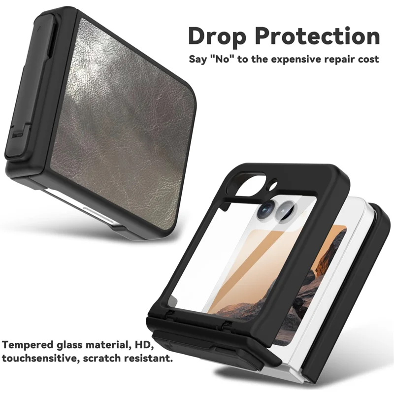 GW181 For Samsung Galaxy Z Flip7 FE 5G / Z Flip6 5G Case Crazy Horse Texture PU+PC Phone Cover with Kickstand - Dark Grey