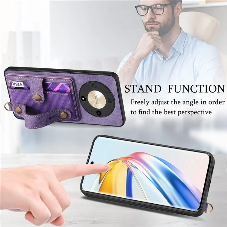Para Honor Magic6 Lite 5G / X9b 5G Case Kickstand PU Leather Retro Back Cover Card Holder - Roxo