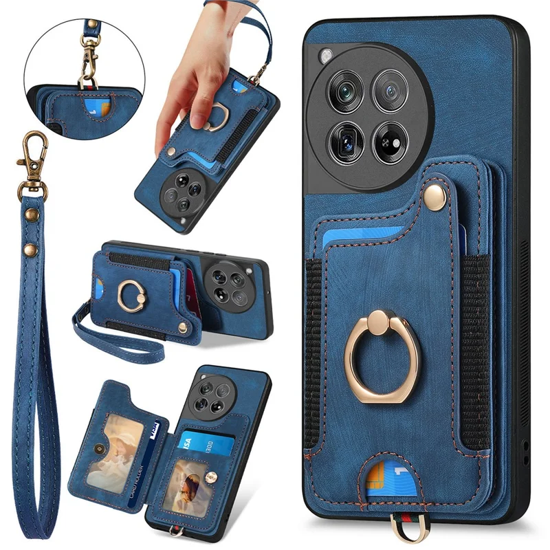 D4 For OnePlus 12 5G Case PU Leather RFID Blocking Back Cover Ring Holder Card Slots - Blue