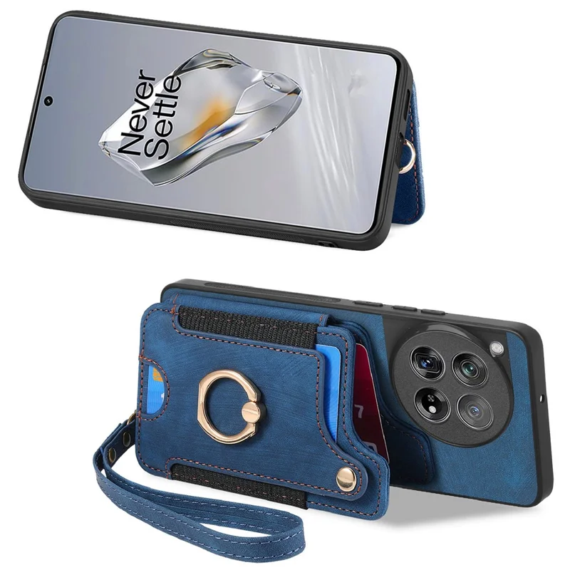 D4 For OnePlus 12 5G Case PU Leather RFID Blocking Back Cover Ring Holder Card Slots - Blue
