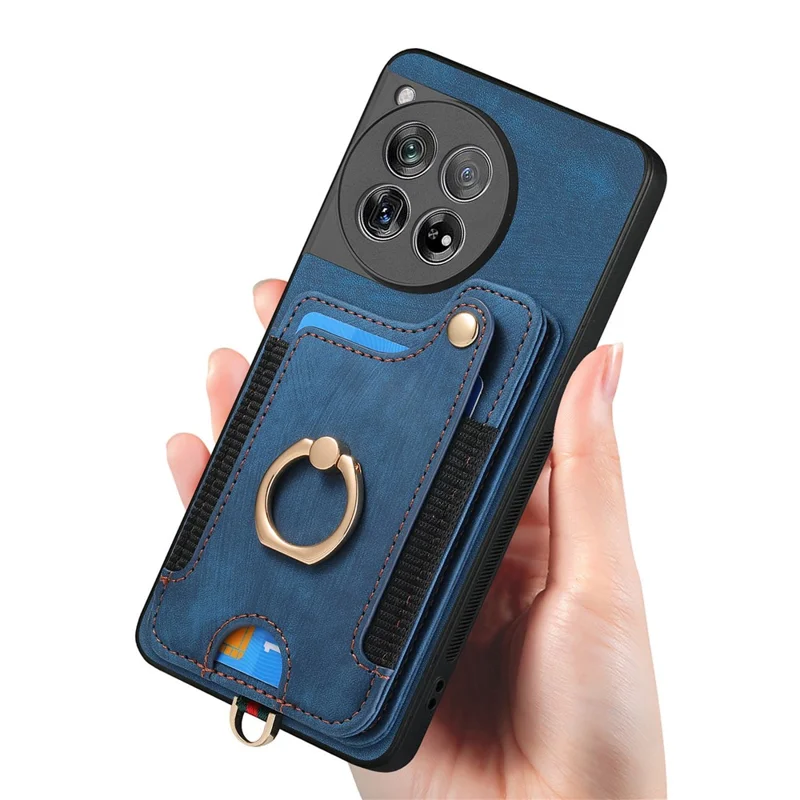 D4 For OnePlus 12 5G Case PU Leather RFID Blocking Back Cover Ring Holder Card Slots - Blue