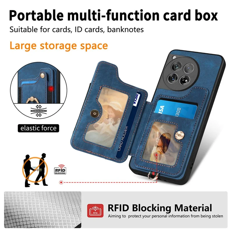 D4 For OnePlus 12 5G Case PU Leather RFID Blocking Back Cover Ring Holder Card Slots - Blue