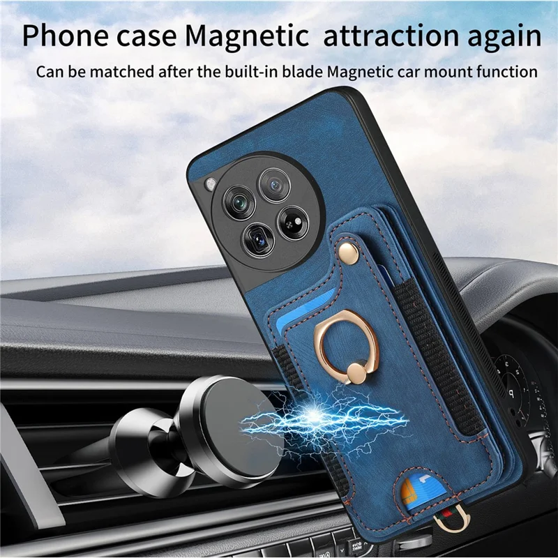 D4 For OnePlus 12 5G Case PU Leather RFID Blocking Back Cover Ring Holder Card Slots - Blue