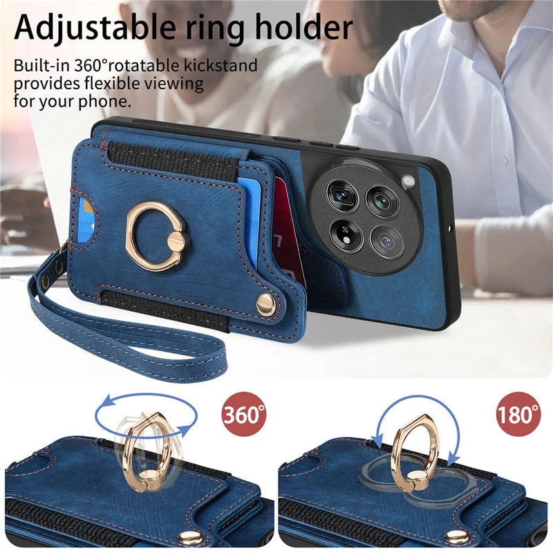 D4 For OnePlus 12 5G Case PU Leather RFID Blocking Back Cover Ring Holder Card Slots - Blue