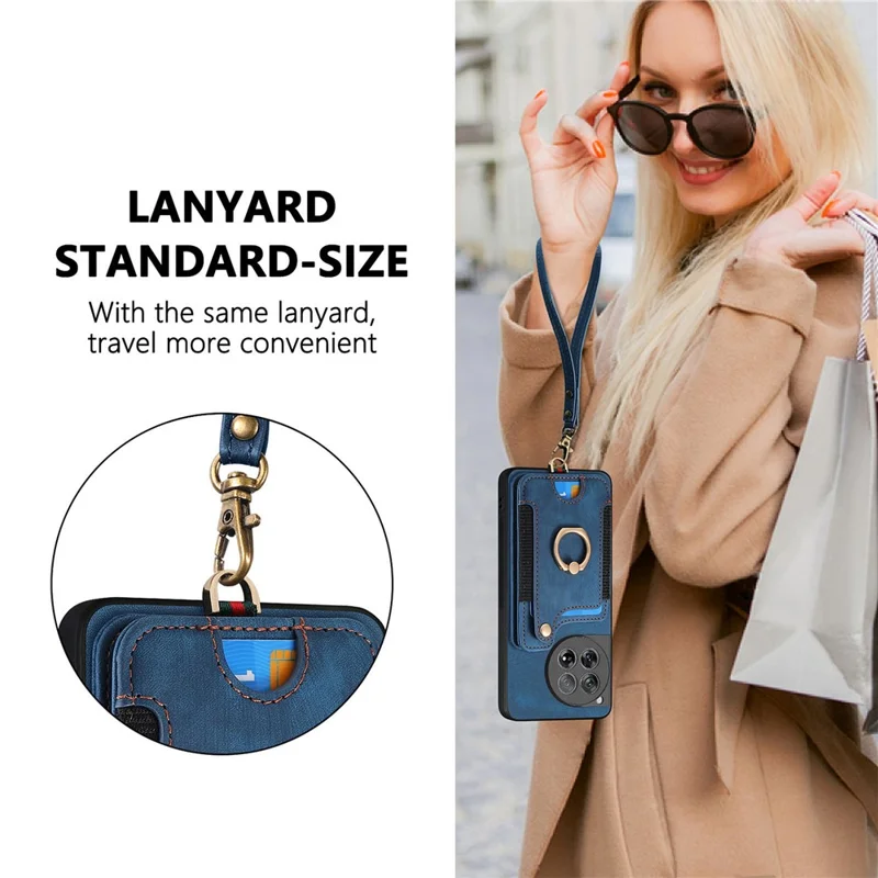 D4 For OnePlus 12 5G Case PU Leather RFID Blocking Back Cover Ring Holder Card Slots - Blue