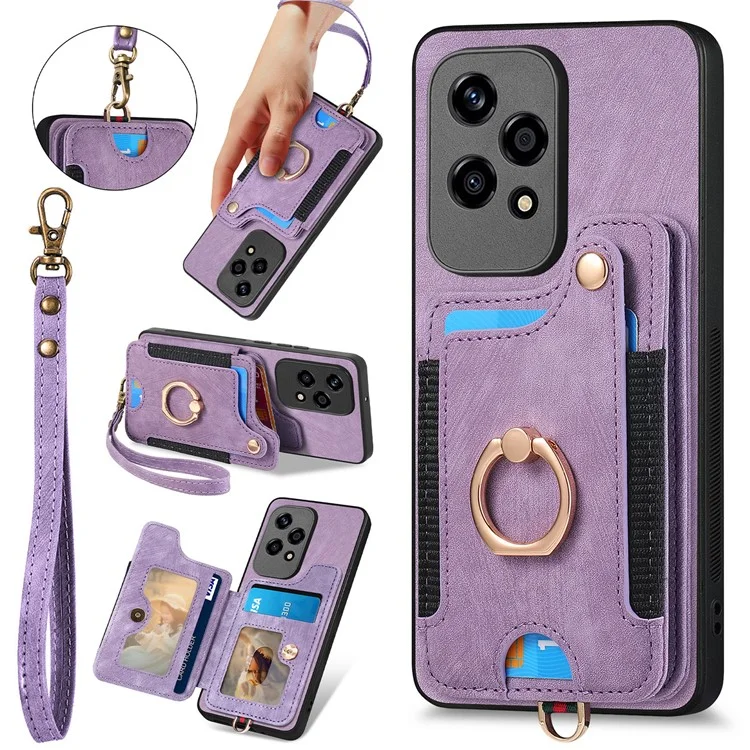 D4 For Honor 200 Lite Case Card Slots Kickstand RFID Blocking Leather Back Cover - Roxo