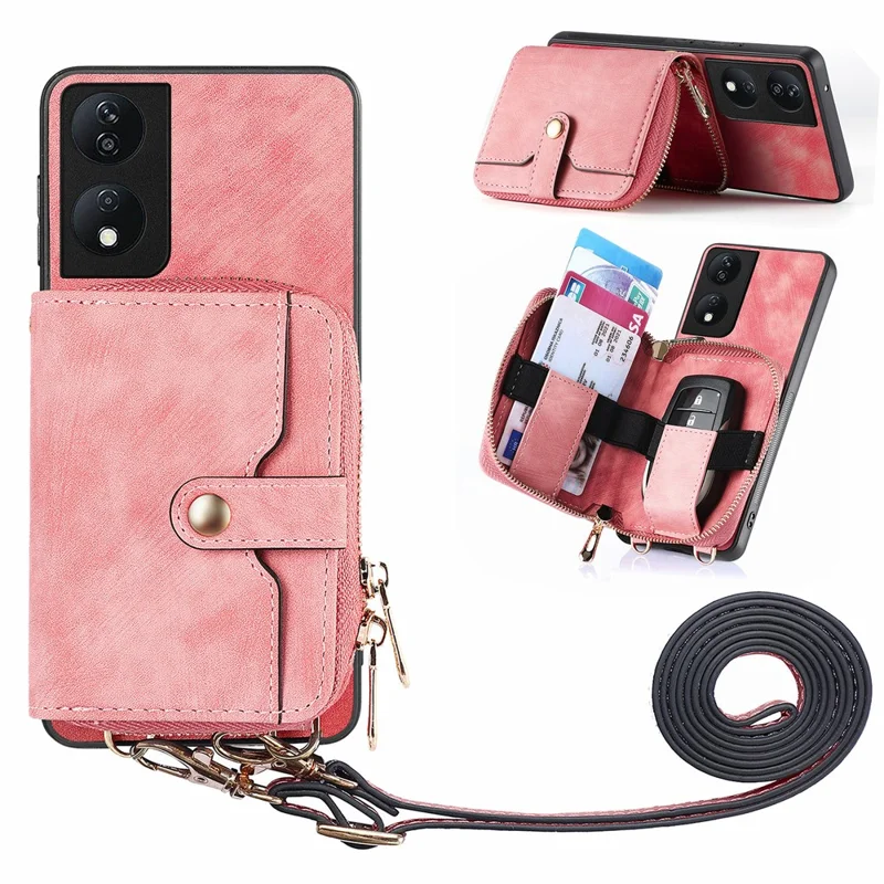 For Honor X7b 4G / 90 Smart Case PU Leather Crossbody Phone Cover Zipper Card Holder Kickstand - Rosa