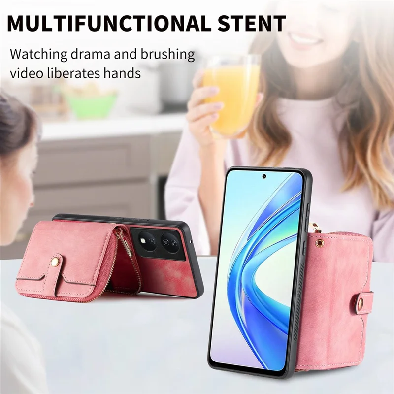 For Honor X7b 4G / 90 Smart Case PU Leather Crossbody Phone Cover Zipper Card Holder Kickstand - Rosa