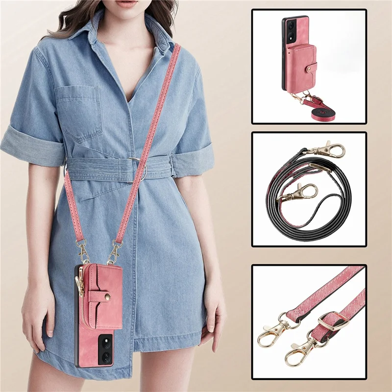 For Honor X7b 4G / 90 Smart Case PU Leather Crossbody Phone Cover Zipper Card Holder Kickstand - Rosa