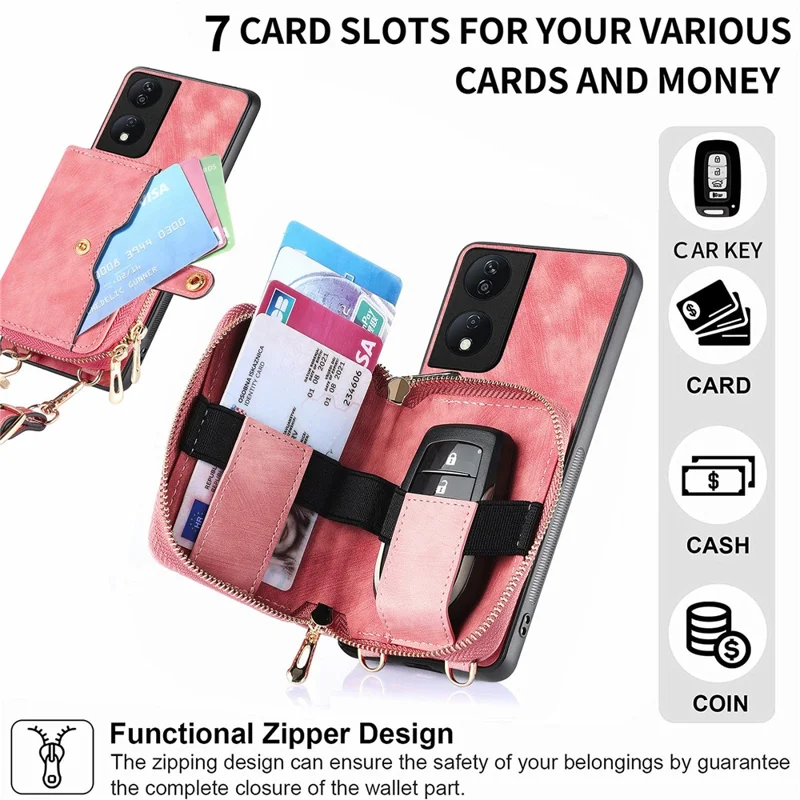For Honor X7b 4G / 90 Smart Case PU Leather Crossbody Phone Cover Zipper Card Holder Kickstand - Rosa