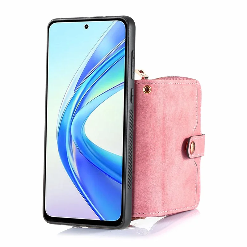 For Honor X7b 4G / 90 Smart Case PU Leather Crossbody Phone Cover Zipper Card Holder Kickstand - Rosa