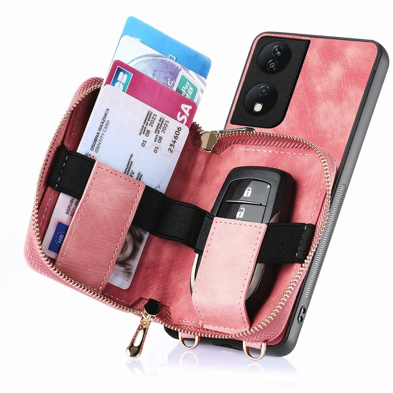 For Honor X7b 4G / 90 Smart Case PU Leather Crossbody Phone Cover Zipper Card Holder Kickstand - Rosa