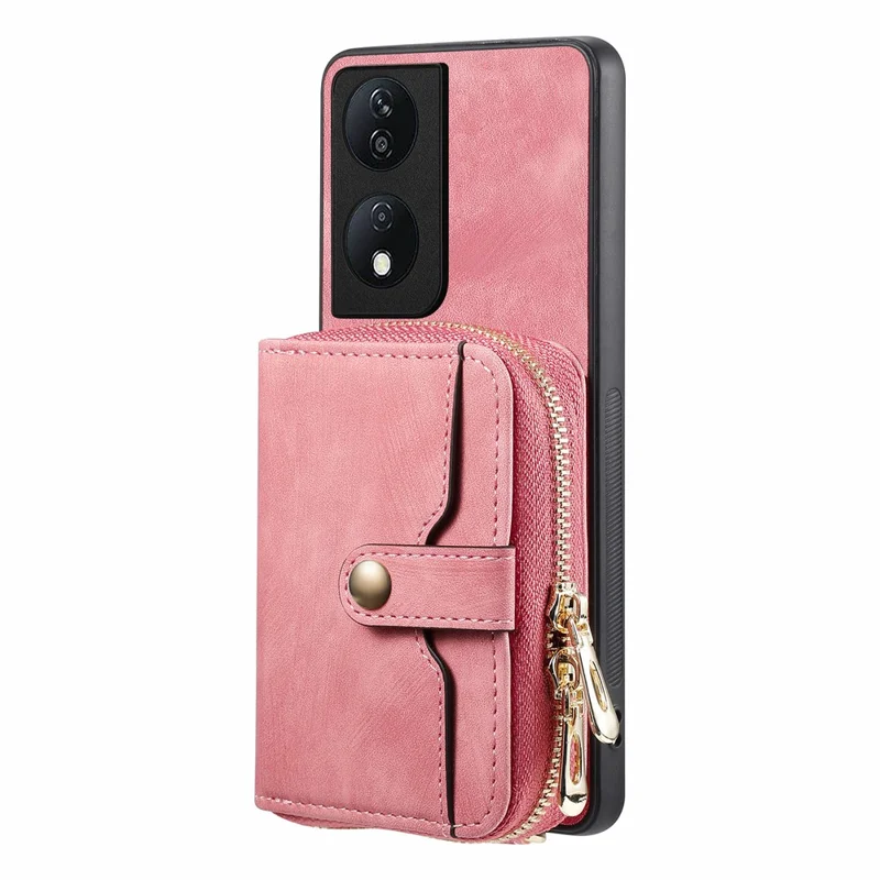 For Honor X7b 4G / 90 Smart Case PU Leather Crossbody Phone Cover Zipper Card Holder Kickstand - Rosa