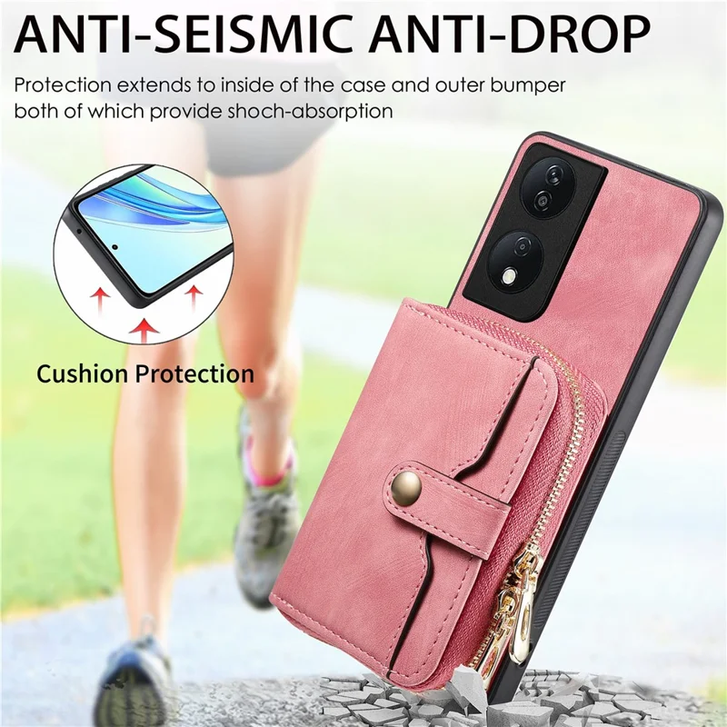 For Honor X7b 4G / 90 Smart Case PU Leather Crossbody Phone Cover Zipper Card Holder Kickstand - Rosa