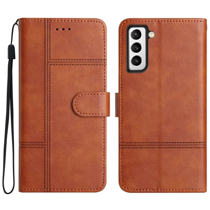 Scratch Proof Flip Wallet Case for Samsung Galaxy S21 4G / 5G, Business Style Cowhide Texture PU Leather Phone Stand Cover with Strap - Brown
