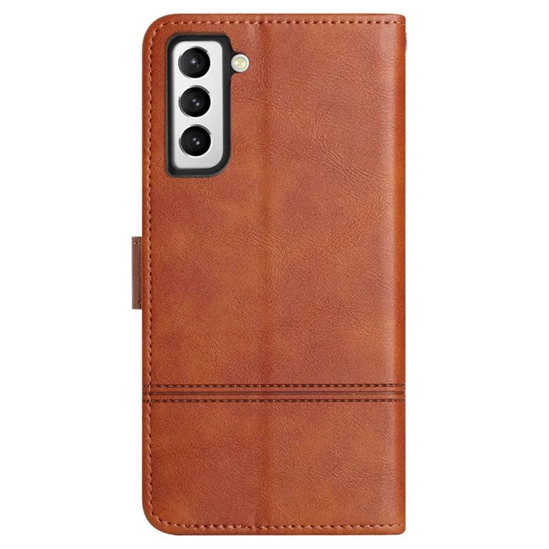 Scratch Proof Flip Wallet Case for Samsung Galaxy S21 4G / 5G, Business Style Cowhide Texture PU Leather Phone Stand Cover with Strap - Brown