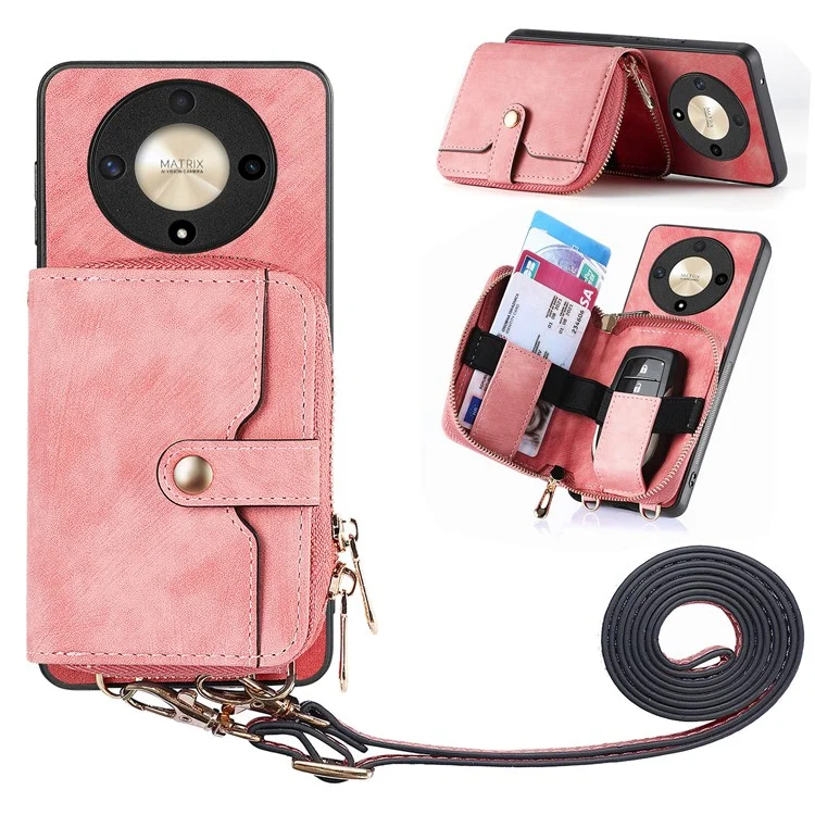 For Honor Magic6 Lite 5G / X9b 5G Case Zipper Card Holder PU Leather Phone Back Cover with Long Strap - Pink
