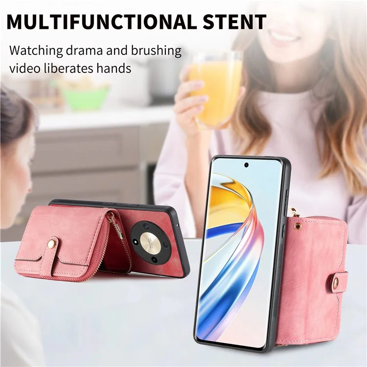 For Honor Magic6 Lite 5G / X9b 5G Case Zipper Card Holder PU Leather Phone Back Cover with Long Strap - Pink
