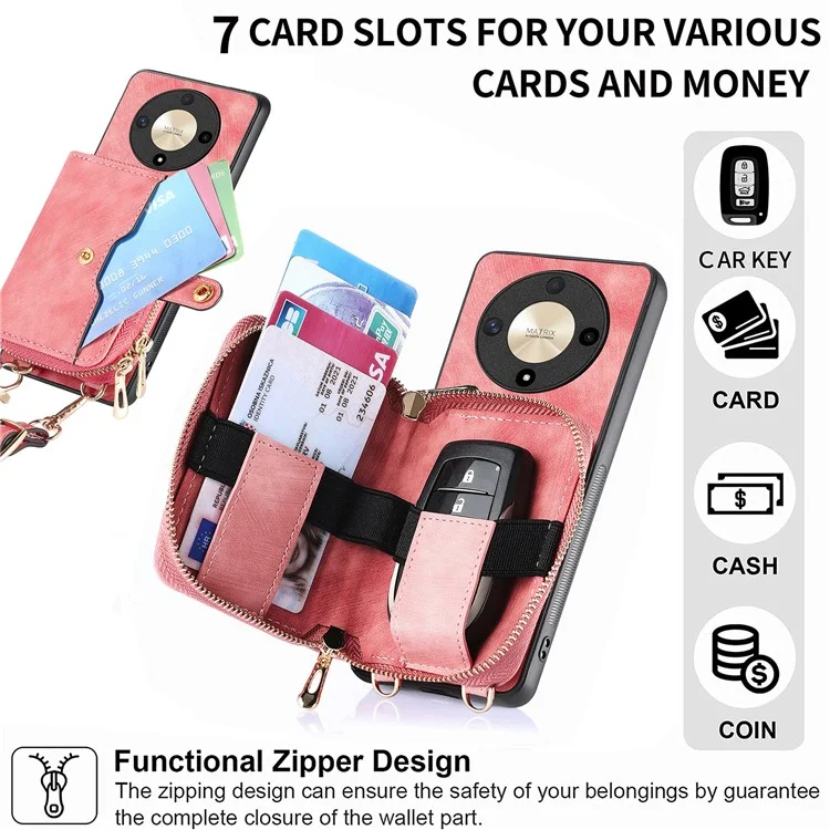 For Honor Magic6 Lite 5G / X9b 5G Case Zipper Card Holder PU Leather Phone Back Cover with Long Strap - Pink