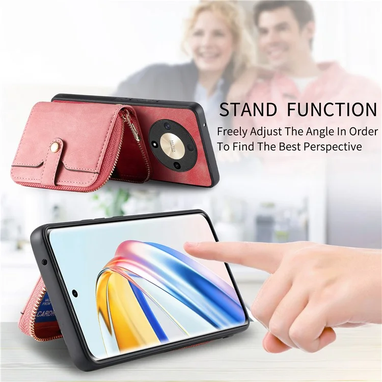 For Honor Magic6 Lite 5G / X9b 5G Case Zipper Card Holder PU Leather Phone Back Cover with Long Strap - Pink