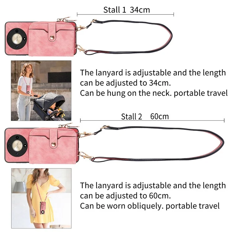 For Honor Magic6 Lite 5G / X9b 5G Case Zipper Card Holder PU Leather Phone Back Cover with Long Strap - Pink