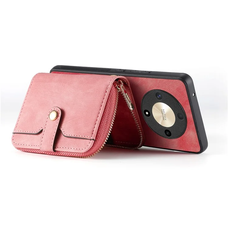 For Honor Magic6 Lite 5G / X9b 5G Case Zipper Card Holder PU Leather Phone Back Cover with Long Strap - Pink