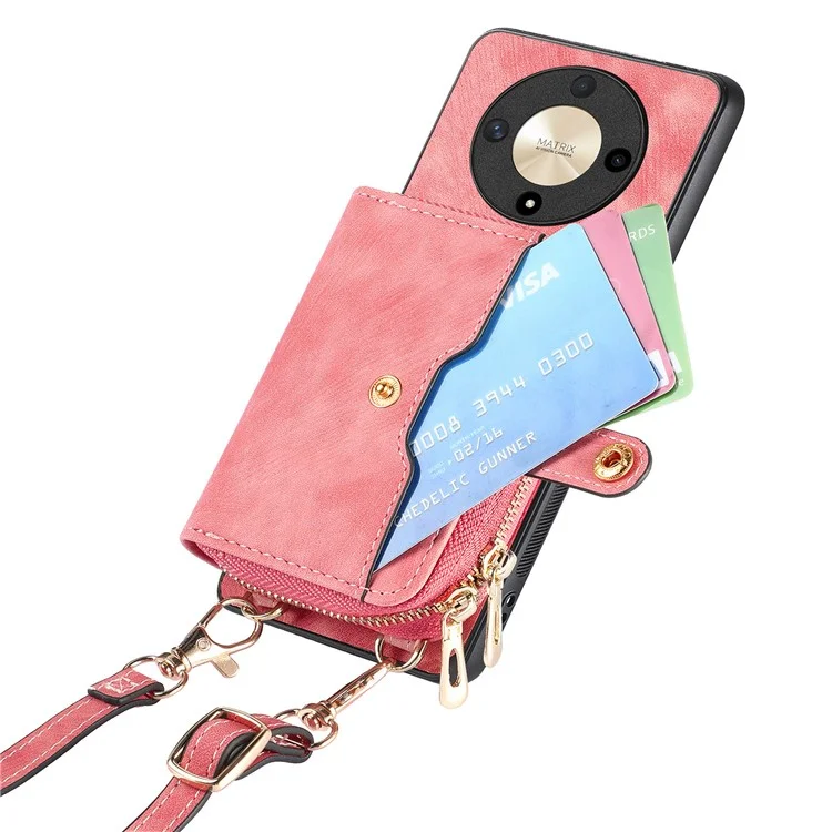For Honor Magic6 Lite 5G / X9b 5G Case Zipper Card Holder PU Leather Phone Back Cover with Long Strap - Pink