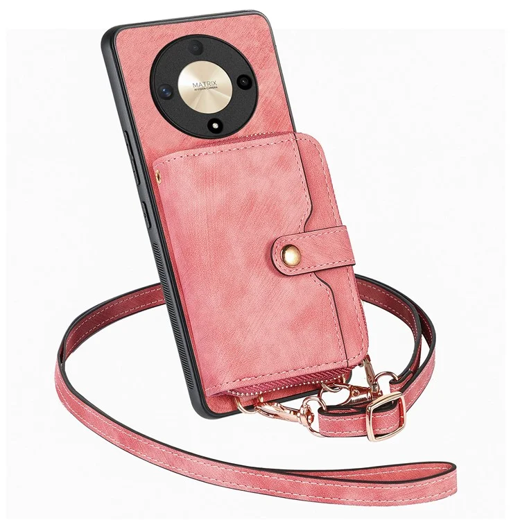 For Honor Magic6 Lite 5G / X9b 5G Case Zipper Card Holder PU Leather Phone Back Cover with Long Strap - Pink