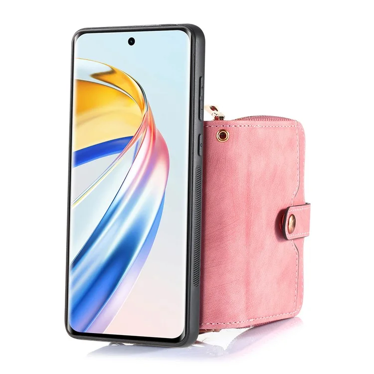 For Honor Magic6 Lite 5G / X9b 5G Case Zipper Card Holder PU Leather Phone Back Cover with Long Strap - Pink