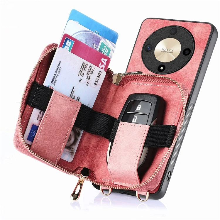 For Honor Magic6 Lite 5G / X9b 5G Case Zipper Card Holder PU Leather Phone Back Cover with Long Strap - Pink