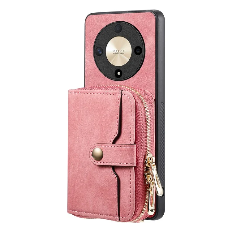 For Honor Magic6 Lite 5G / X9b 5G Case Zipper Card Holder PU Leather Phone Back Cover with Long Strap - Pink
