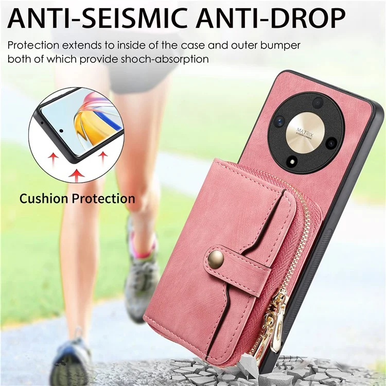 For Honor Magic6 Lite 5G / X9b 5G Case Zipper Card Holder PU Leather Phone Back Cover with Long Strap - Pink