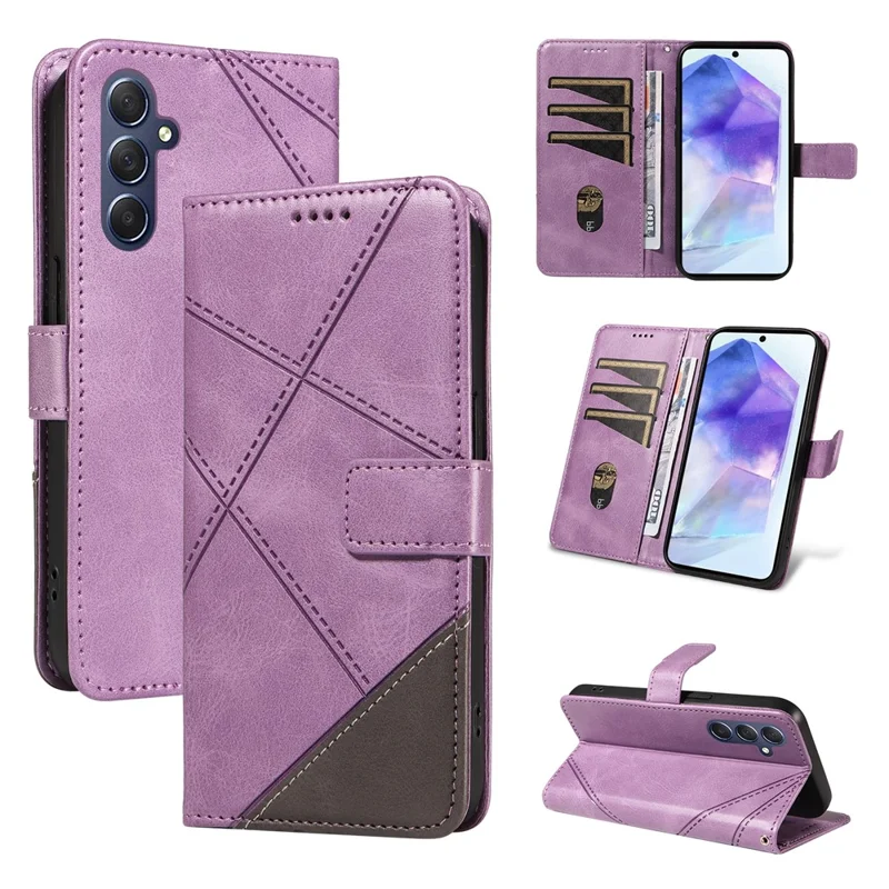 Zakelijke leren hoesje voor Samsung Galaxy A55 5G met geometrische lijndesign, pasjeshouders en portemonnee - Paars