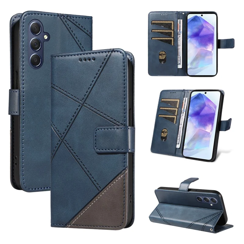 For Samsung Galaxy A55 5G Case Geometric Line Leather Phone Cover Card Slots Wallet - Blue