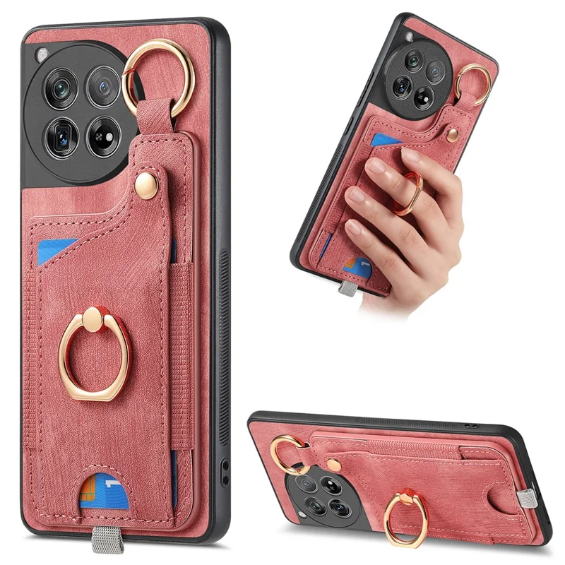 D6 For OnePlus 12 5G Case Leather+TPU Phone Cover with Ring Kickstand Card Bag - Pink