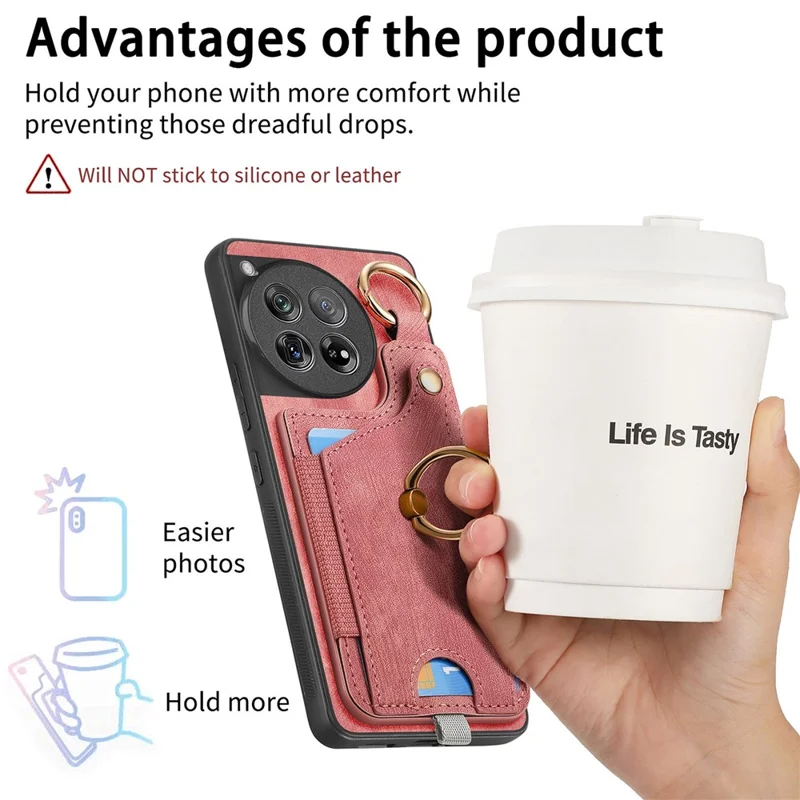 D6 For OnePlus 12 5G Case Leather+TPU Phone Cover with Ring Kickstand Card Bag - Pink