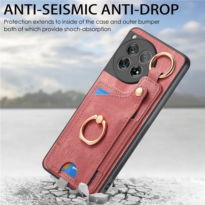 D6 For OnePlus 12 5G Case Leather+TPU Phone Cover with Ring Kickstand Card Bag - Pink