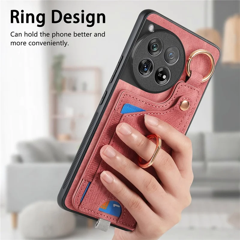D6 For OnePlus 12 5G Case Leather+TPU Phone Cover with Ring Kickstand Card Bag - Pink