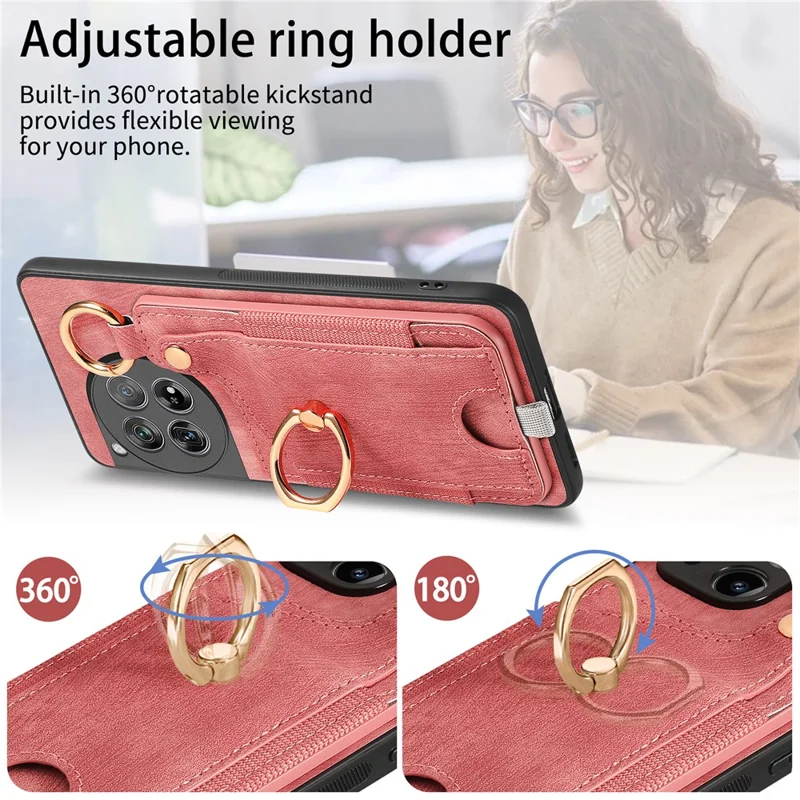 D6 For OnePlus 12 5G Case Leather+TPU Phone Cover with Ring Kickstand Card Bag - Pink