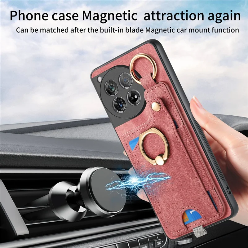 D6 For OnePlus 12 5G Case Leather+TPU Phone Cover with Ring Kickstand Card Bag - Pink