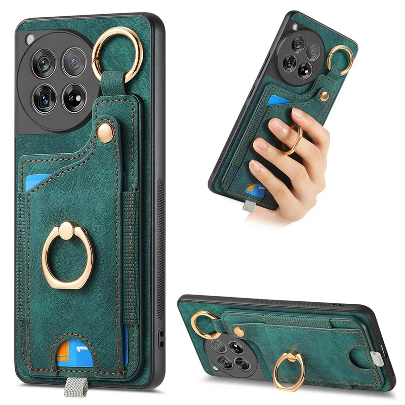 D6 For OnePlus 12 5G Case Leather+TPU Phone Cover with Ring Kickstand Card Bag - Green