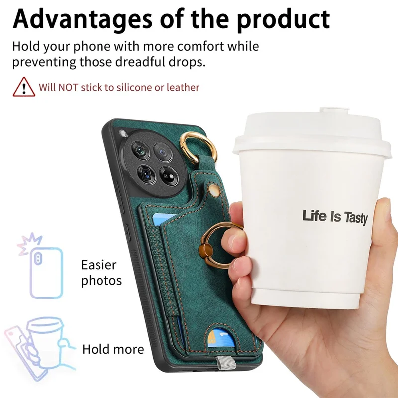 D6 For OnePlus 12 5G Case Leather+TPU Phone Cover with Ring Kickstand Card Bag - Green