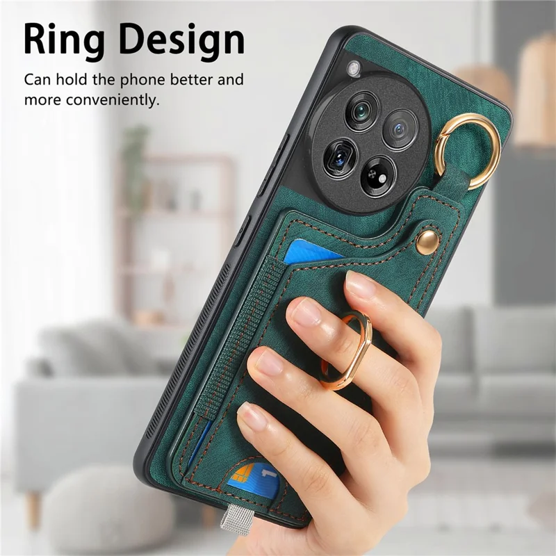 D6 For OnePlus 12 5G Case Leather+TPU Phone Cover with Ring Kickstand Card Bag - Green