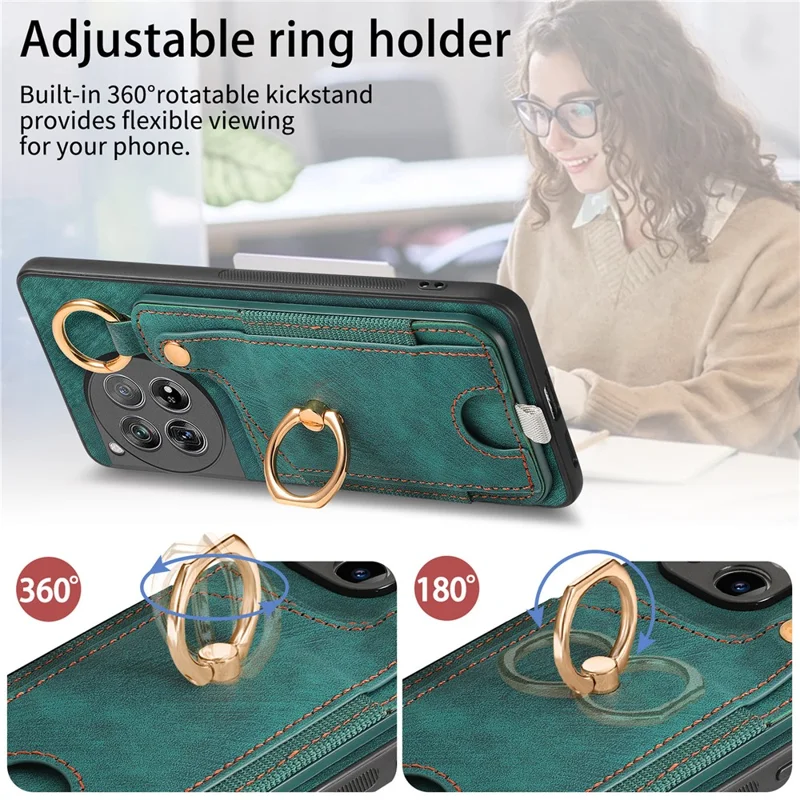 D6 For OnePlus 12 5G Case Leather+TPU Phone Cover with Ring Kickstand Card Bag - Green