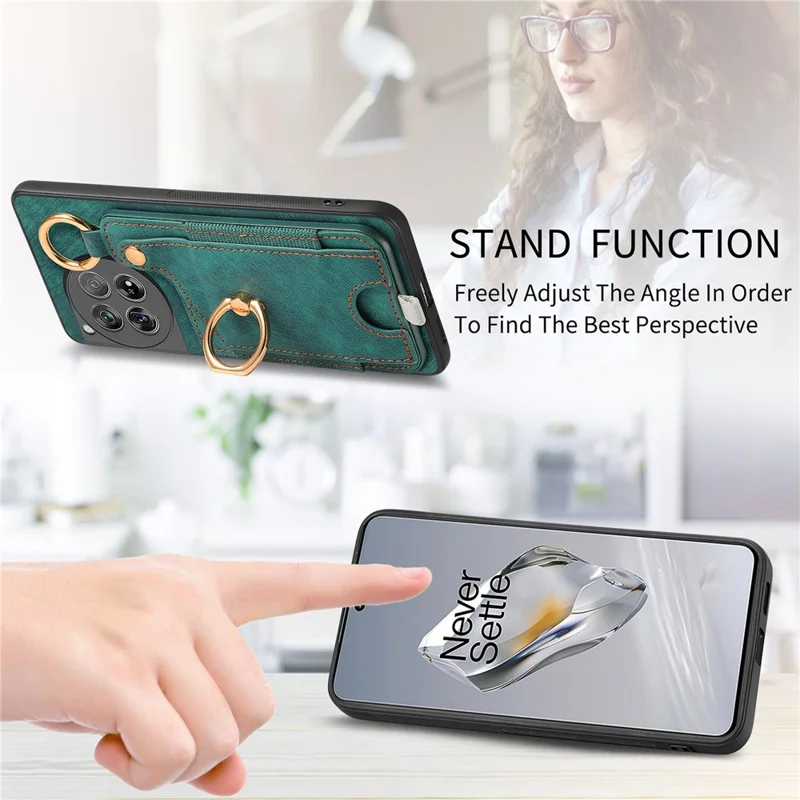 D6 For OnePlus 12 5G Case Leather+TPU Phone Cover with Ring Kickstand Card Bag - Green