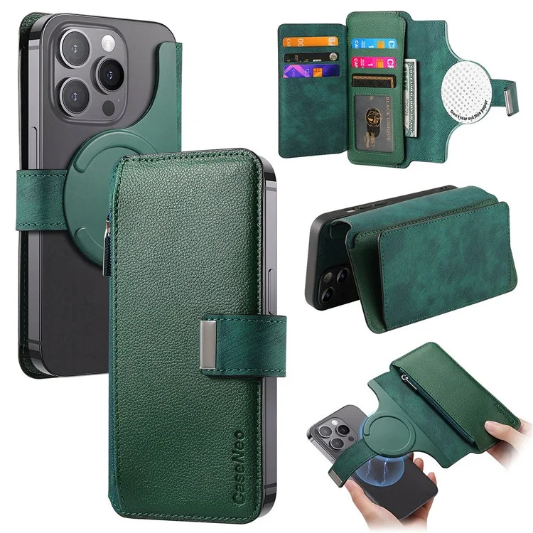 CASENEO MW-02S Magnetic Detachable Leather Phone Cover for 6.1 inch Phone RFID Blocking Wallet Stand - Green