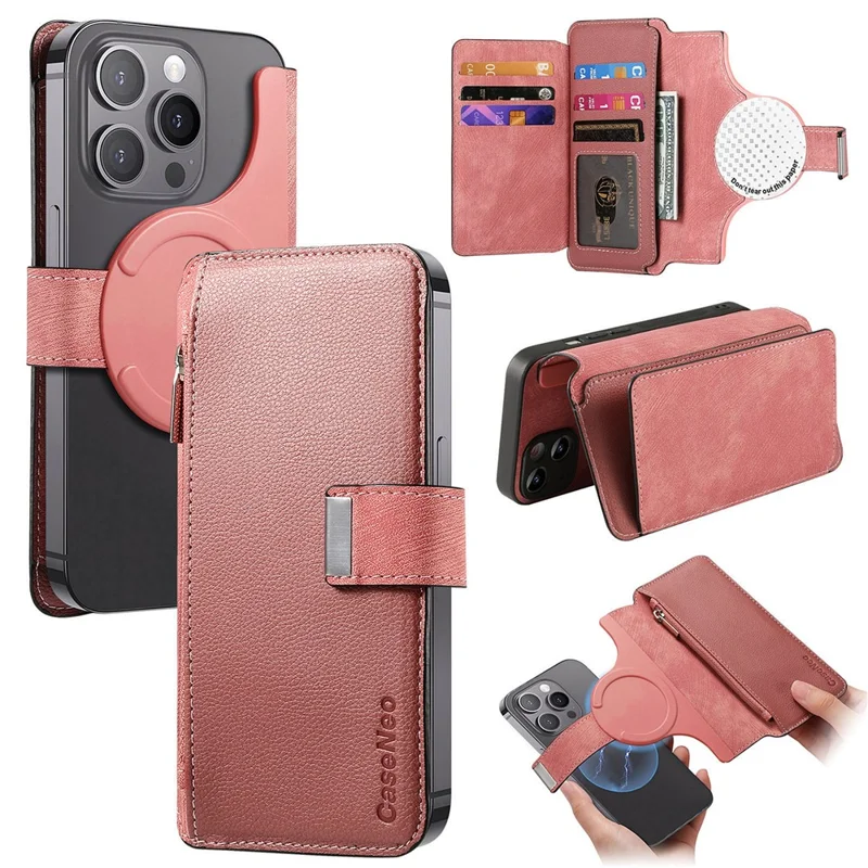 CASENEO MW-02S Magnetic Detachable Leather Phone Cover for 6.1 inch Phone RFID Blocking Wallet Stand - Pink