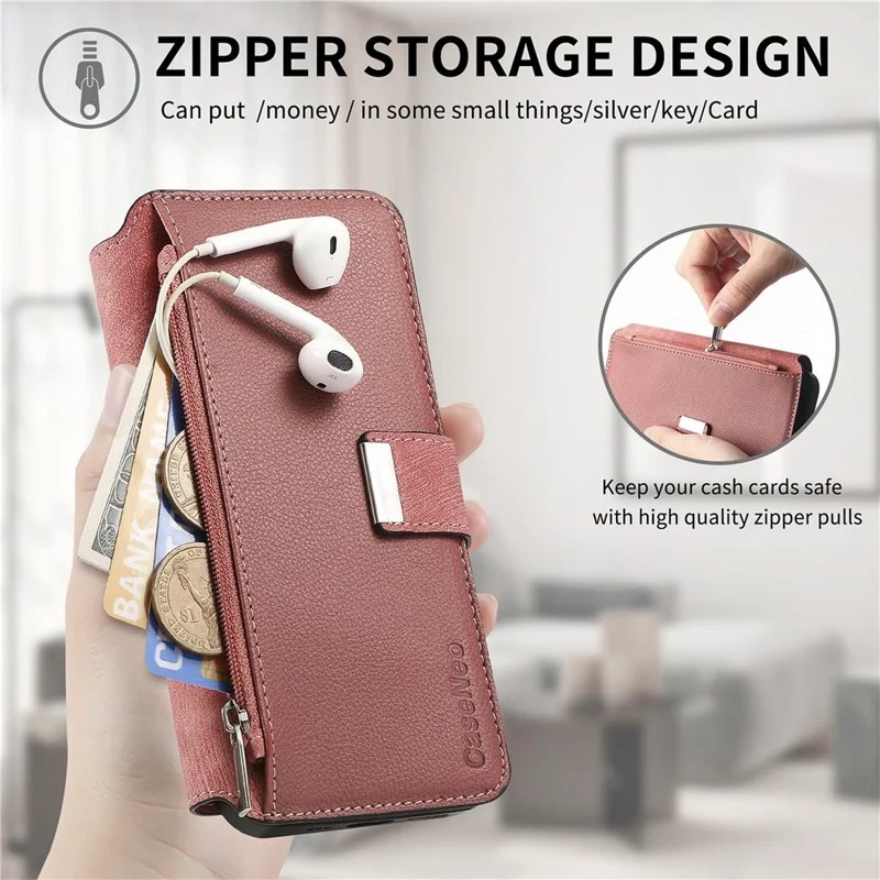 CASENEO MW-02S Magnetic Detachable Leather Phone Cover for 6.1 inch Phone RFID Blocking Wallet Stand - Pink