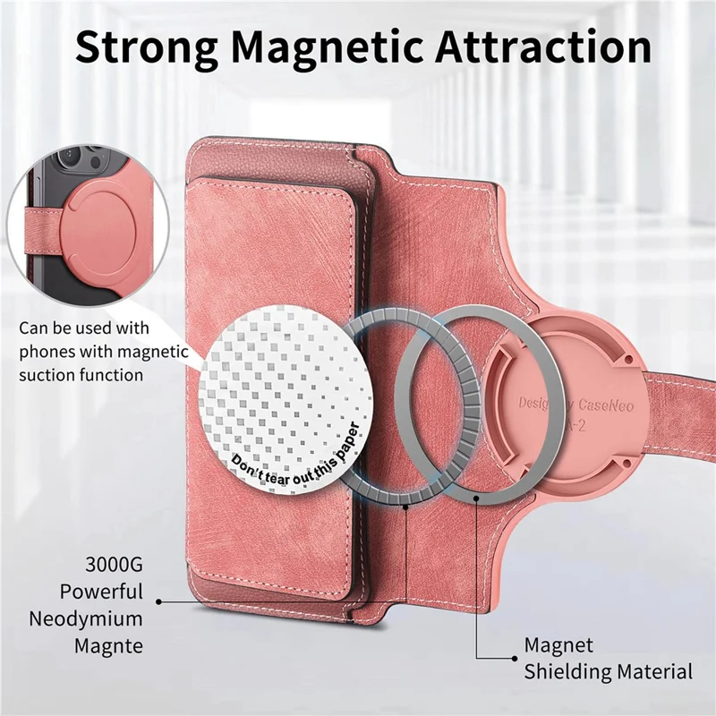 CASENEO MW-02S Magnetic Detachable Leather Phone Cover for 6.1 inch Phone RFID Blocking Wallet Stand - Pink